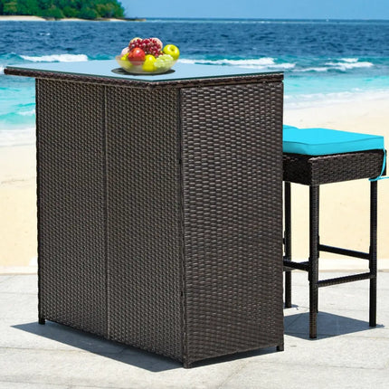 3 Pieces Patio Rattan Wicker Bar Table Stools Dining Set-Turquoise - Turquoise - Patio Bar Furniture