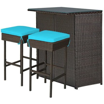 3 Pieces Patio Rattan Wicker Bar Table Stools Dining Set-Turquoise - Turquoise - Patio Bar Furniture