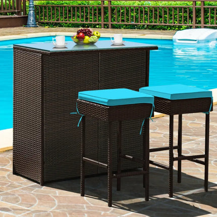 3 Pieces Patio Rattan Wicker Bar Table Stools Dining Set-Turquoise - Turquoise - Patio Bar Furniture