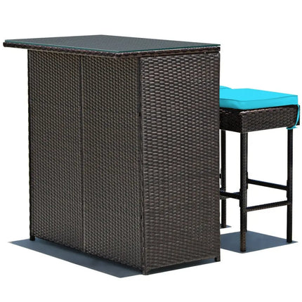 3 Pieces Patio Rattan Wicker Bar Table Stools Dining Set-Turquoise - Turquoise - Patio Bar Furniture