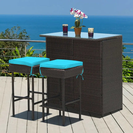 3 Pieces Patio Rattan Wicker Bar Table Stools Dining Set-Turquoise - Turquoise - Patio Bar Furniture