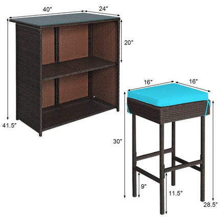 3 Pieces Patio Rattan Wicker Bar Table Stools Dining Set-Turquoise - Turquoise - Patio Bar Furniture