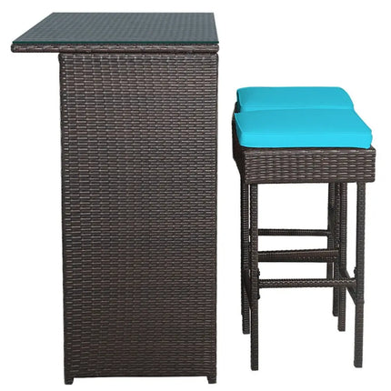 3 Pieces Patio Rattan Wicker Bar Table Stools Dining Set-Turquoise - Turquoise - Patio Bar Furniture