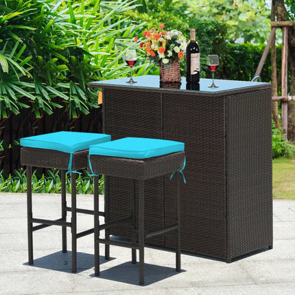 3 Pieces Patio Rattan Wicker Bar Table Stools Dining Set-Turquoise - Turquoise - Patio Bar Furniture