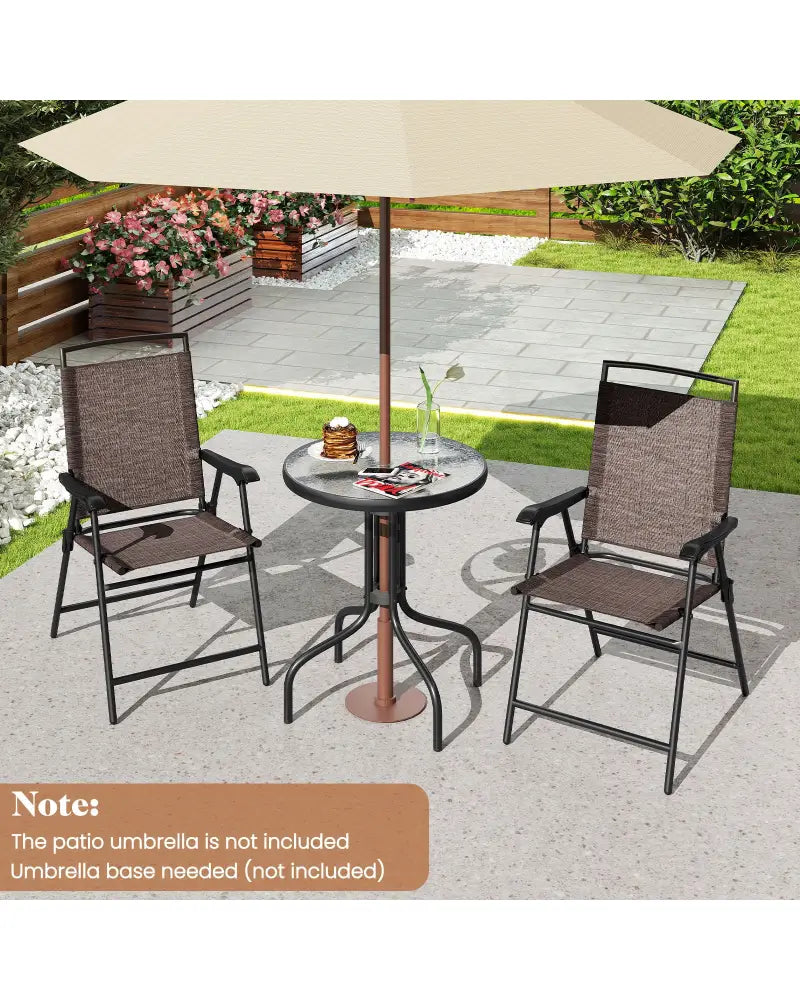 3 Pieces Patio Round Table and Folding Chairs Set with Rippled Tempered Glass Tabletop - Brown - Patio Conversation Sets