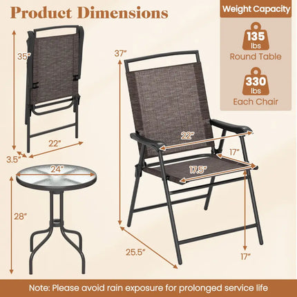 3 Pieces Patio Round Table and Folding Chairs Set with Rippled Tempered Glass Tabletop - Brown - Patio Conversation Sets