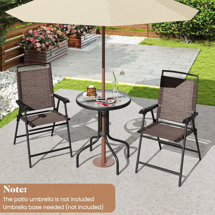 3 Pieces Patio Round Table and Folding Chairs Set with Rippled Tempered Glass Tabletop - Brown - Patio Conversation Sets