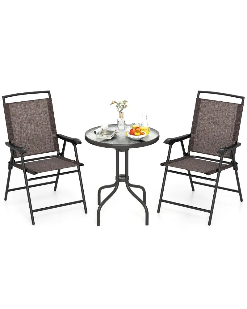 3 Pieces Patio Round Table and Folding Chairs Set with Rippled Tempered Glass Tabletop - Brown - Patio Conversation Sets