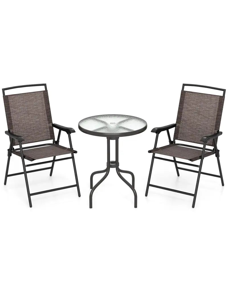 3 Pieces Patio Round Table and Folding Chairs Set with Rippled Tempered Glass Tabletop - Brown - Patio Conversation Sets