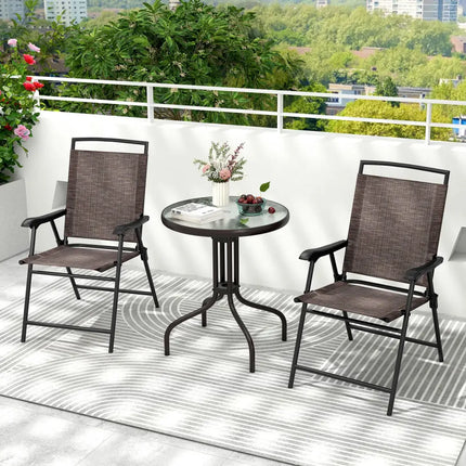 3 Pieces Patio Round Table and Folding Chairs Set with Rippled Tempered Glass Tabletop - Brown - Patio Conversation Sets