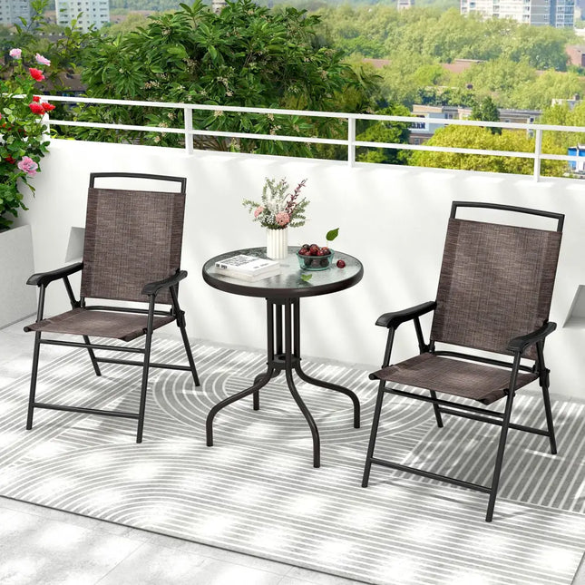 3 Pieces Patio Round Table and Folding Chairs Set with Rippled Tempered Glass Tabletop - Brown - Patio Conversation Sets