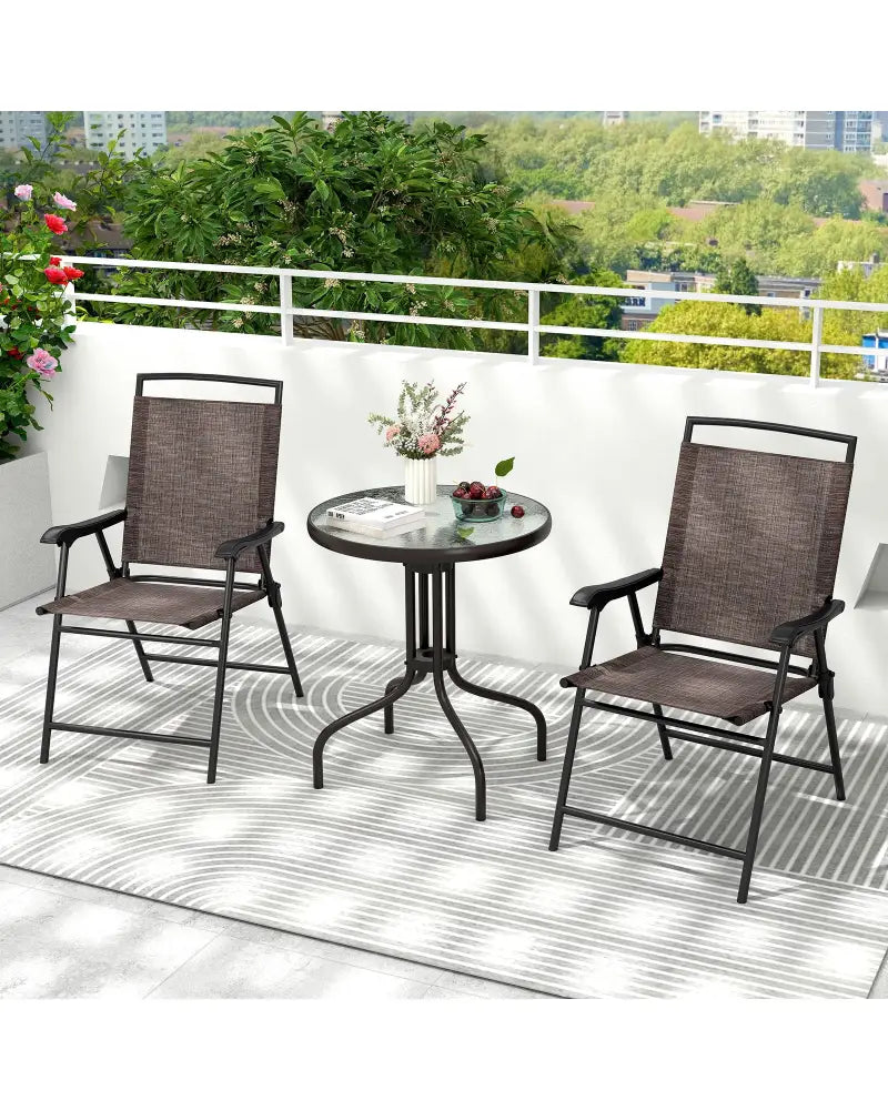 3 Pieces Patio Round Table and Folding Chairs Set with Rippled Tempered Glass Tabletop - Brown - Patio Conversation Sets