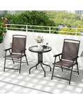 3 Pieces Patio Round Table and Folding Chairs Set with Rippled Tempered Glass Tabletop - Brown - Patio Conversation Sets