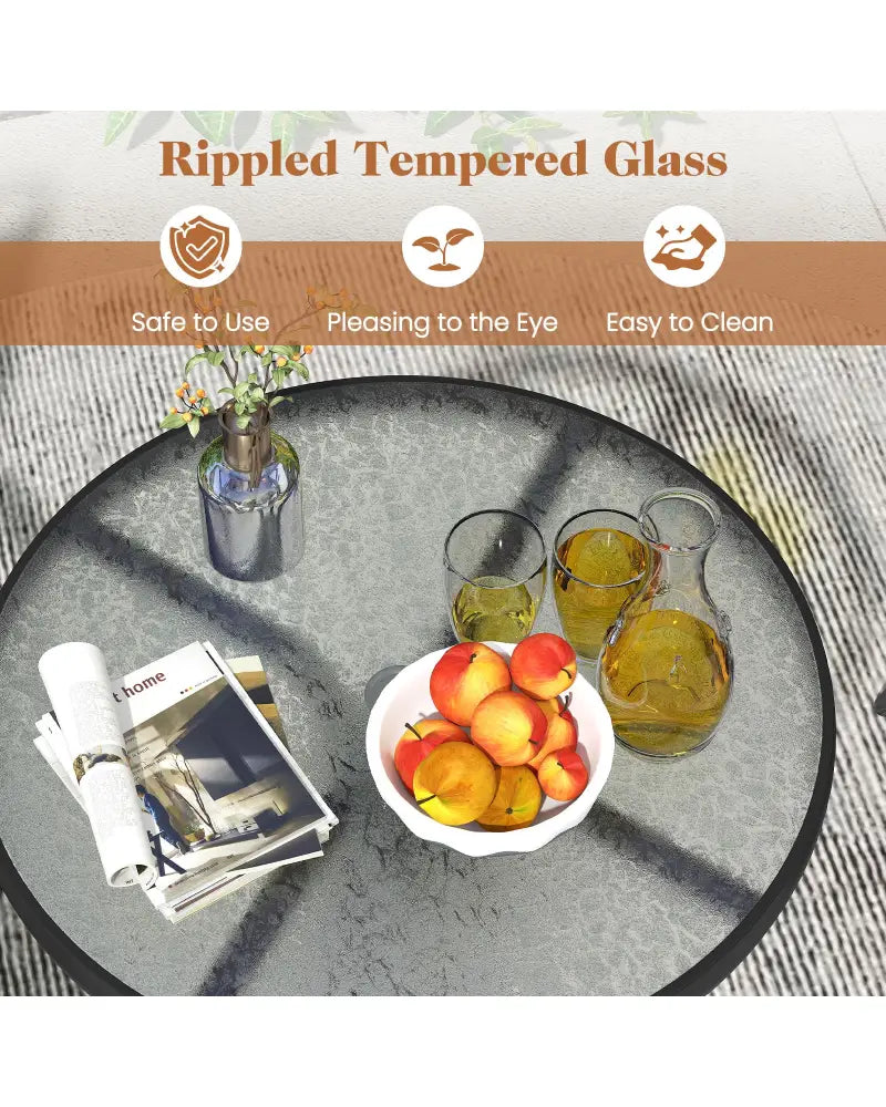 3 Pieces Patio Round Table and Folding Chairs Set with Rippled Tempered Glass Tabletop - Brown - Patio Conversation Sets