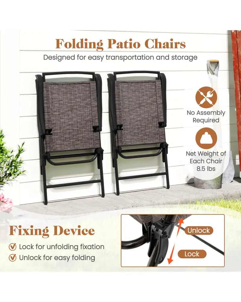 3 Pieces Patio Round Table and Folding Chairs Set with Rippled Tempered Glass Tabletop - Brown - Patio Conversation Sets