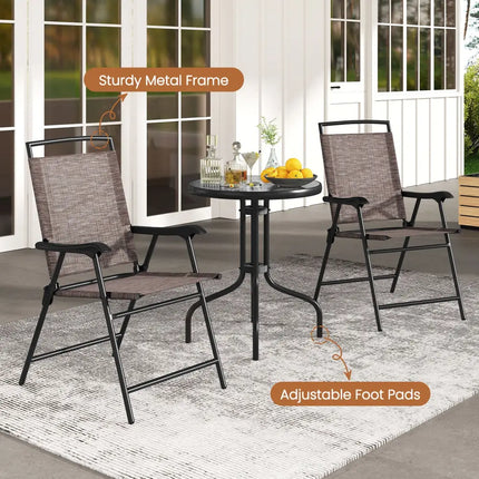3 Pieces Patio Round Table and Folding Chairs Set with Rippled Tempered Glass Tabletop - Brown - Patio Conversation Sets