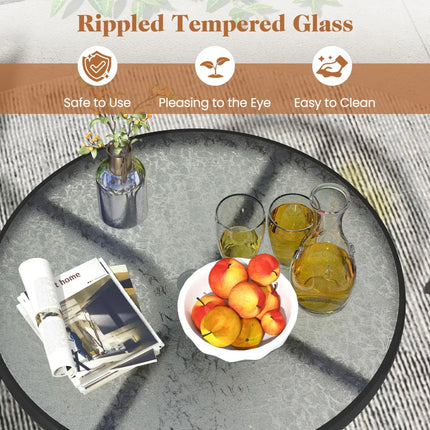 3 Pieces Patio Round Table and Folding Chairs Set with Rippled Tempered Glass Tabletop - Brown - Patio Conversation Sets