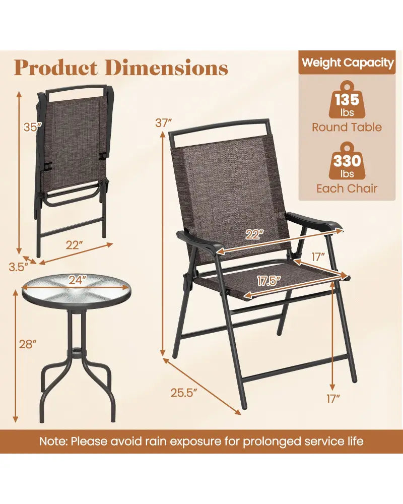 3 Pieces Patio Round Table and Folding Chairs Set with Rippled Tempered Glass Tabletop - Brown - Patio Conversation Sets