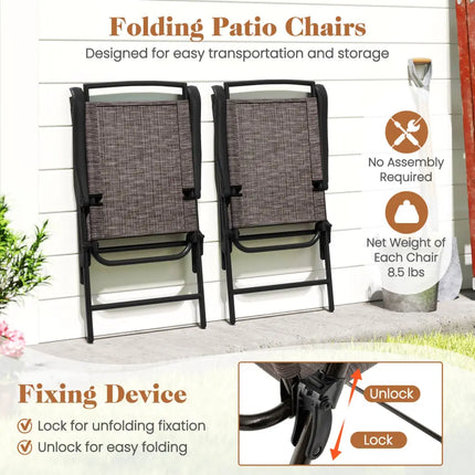 3 Pieces Patio Round Table and Folding Chairs Set with Rippled Tempered Glass Tabletop - Brown - Patio Conversation Sets