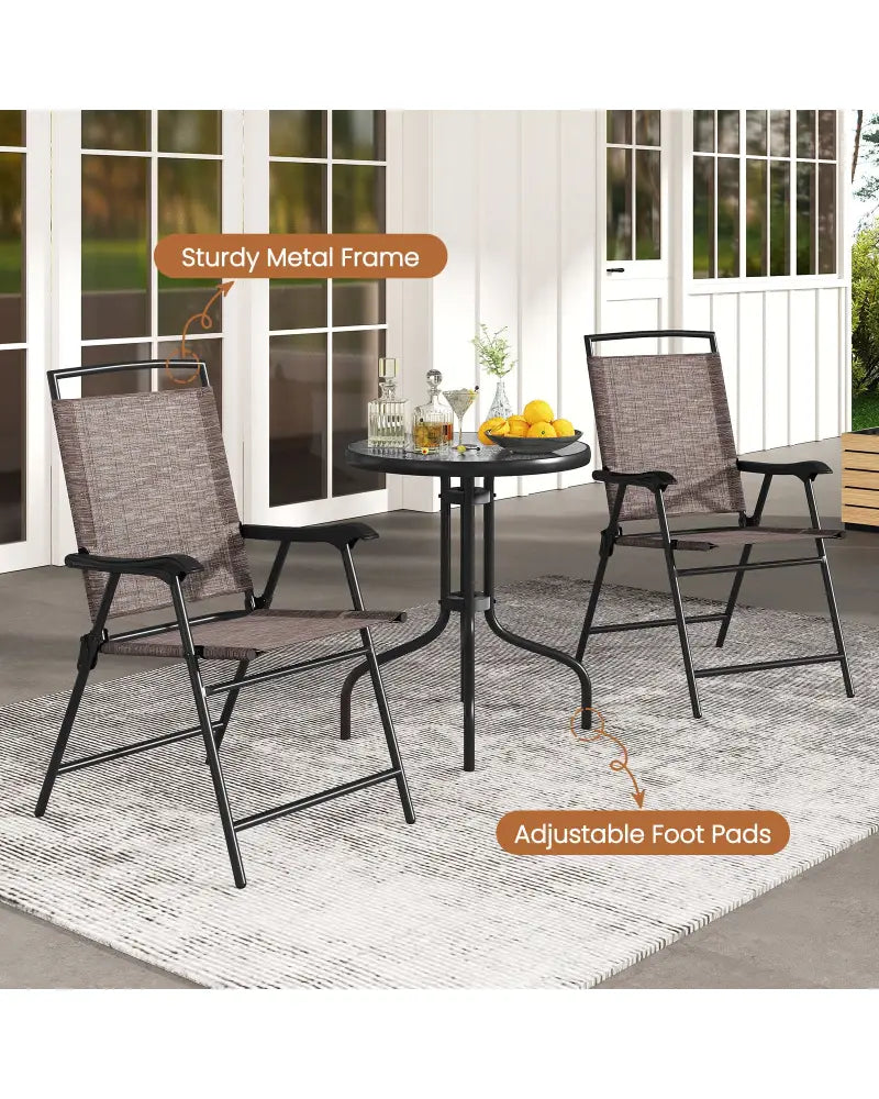 3 Pieces Patio Round Table and Folding Chairs Set with Rippled Tempered Glass Tabletop - Brown - Patio Conversation Sets