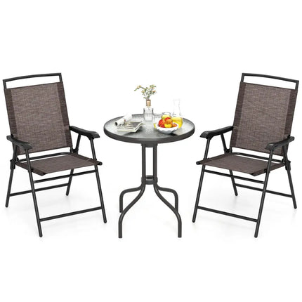 3 Pieces Patio Round Table and Folding Chairs Set with Rippled Tempered Glass Tabletop - Brown - Patio Conversation Sets