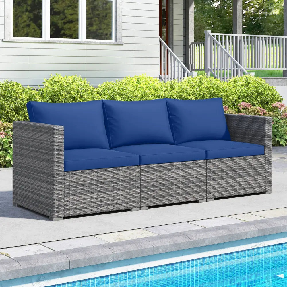 3 Pieces Patio Sectional Sofa Set PE Rattan Modular Couch Furniture Set with Soft Cushions-Navy - Navy - Outdoor