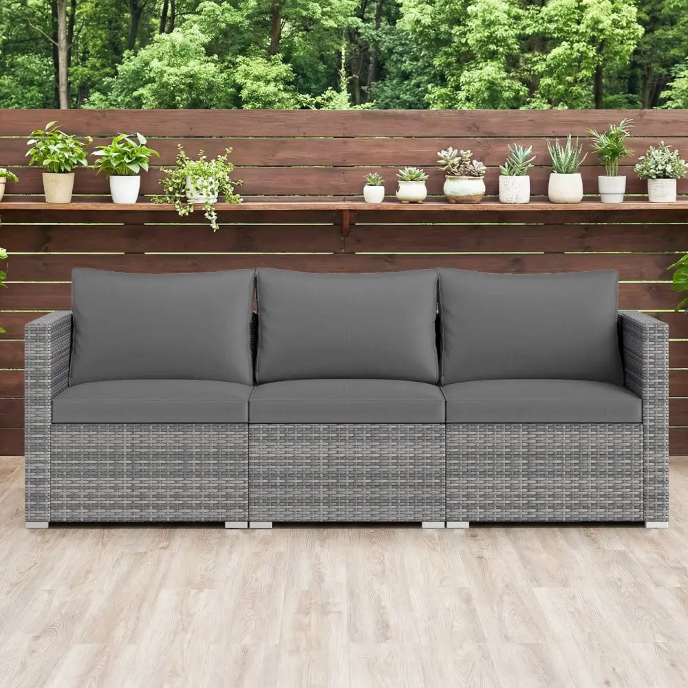 3 Pieces Patio Sectional Sofa Set PE Rattan Modular Couch Furniture Set with Soft Cushions-Gray - Gray - Outdoor