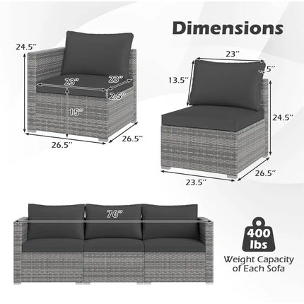 3 Pieces Patio Sectional Sofa Set PE Rattan Modular Couch Furniture Set with Soft Cushions-Black - Black - Outdoor