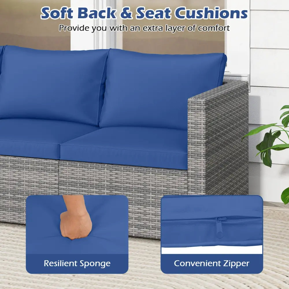 3 Pieces Patio Sectional Sofa Set PE Rattan Modular Couch Furniture Set with Soft Cushions-Navy - Navy - Outdoor