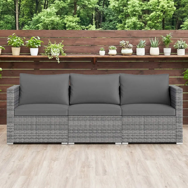 3 Pieces Patio Sectional Sofa Set PE Rattan Modular Couch Furniture Set with Soft Cushions-Gray - Gray - Outdoor