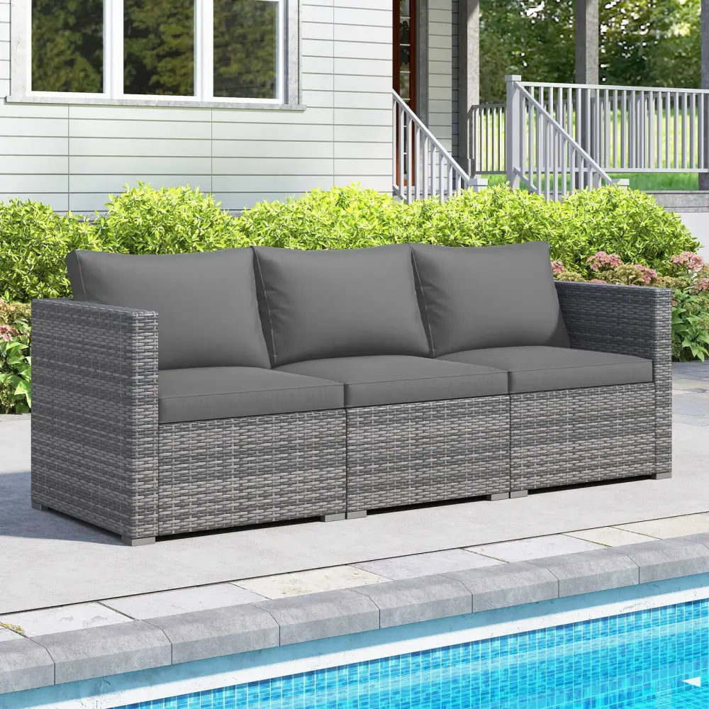 3 Pieces Patio Sectional Sofa Set PE Rattan Modular Couch Furniture Set with Soft Cushions-Gray - Gray - Outdoor