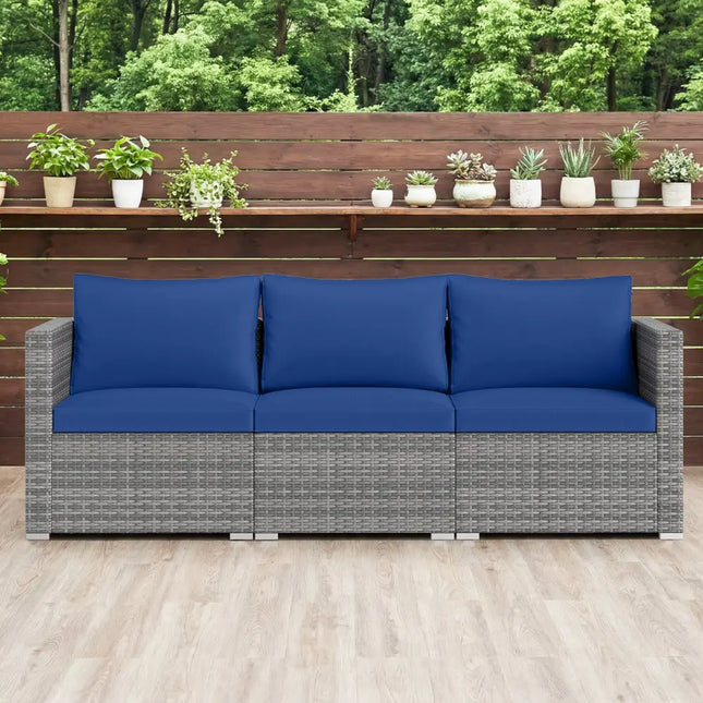 3 Pieces Patio Sectional Sofa Set PE Rattan Modular Couch Furniture Set with Soft Cushions-Navy - Navy - Outdoor