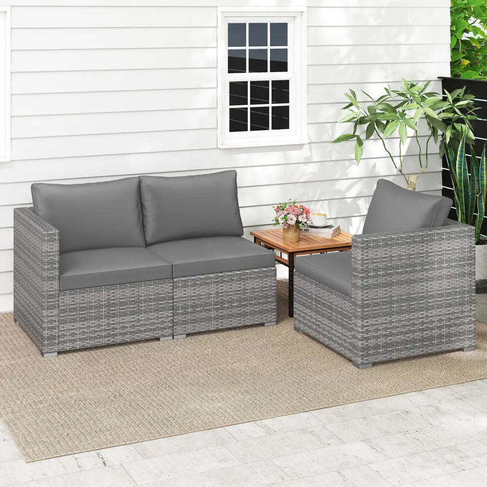 3 Pieces Patio Sectional Sofa Set PE Rattan Modular Couch Furniture Set with Soft Cushions-Gray - Gray - Outdoor