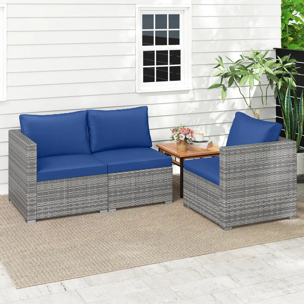 3 Pieces Patio Sectional Sofa Set PE Rattan Modular Couch Furniture Set with Soft Cushions-Navy - Navy - Outdoor