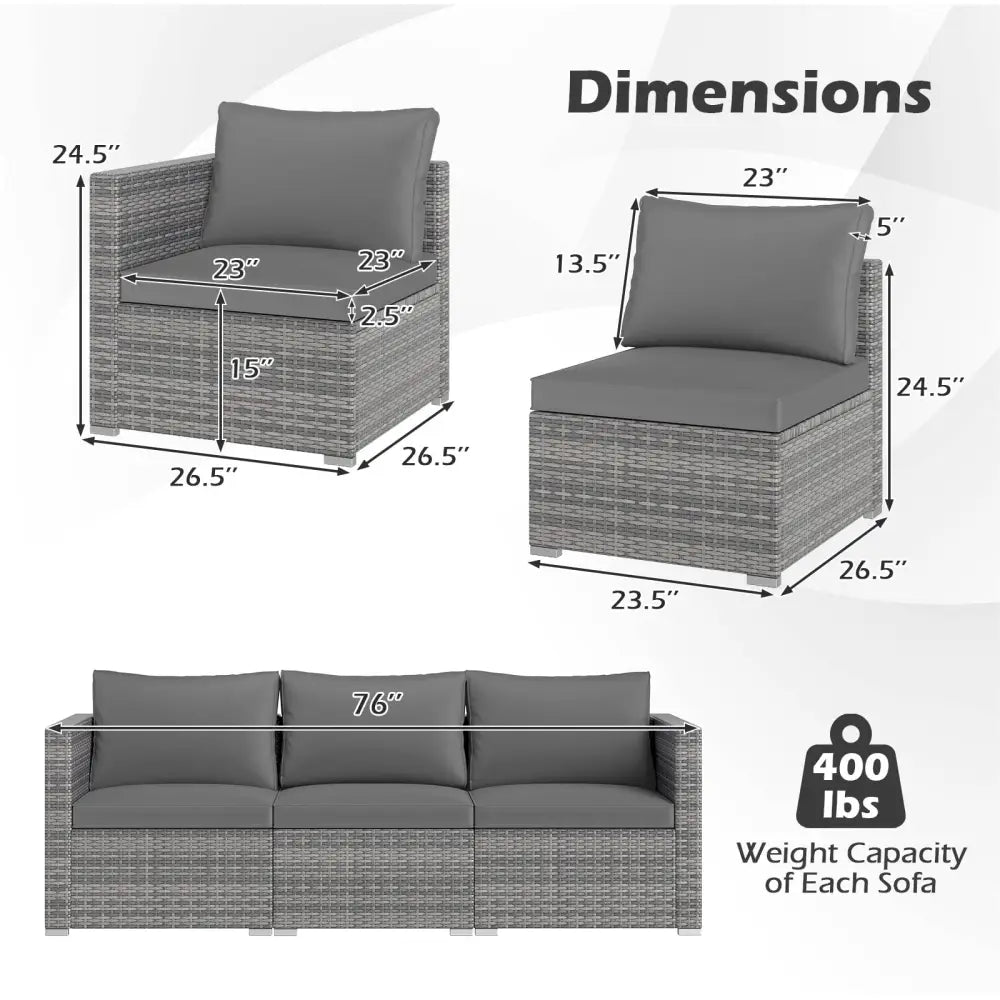 3 Pieces Patio Sectional Sofa Set PE Rattan Modular Couch Furniture Set with Soft Cushions-Gray - Gray - Outdoor