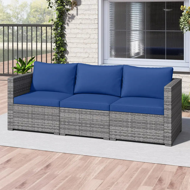 3 Pieces Patio Sectional Sofa Set PE Rattan Modular Couch Furniture Set with Soft Cushions-Navy - Navy - Outdoor
