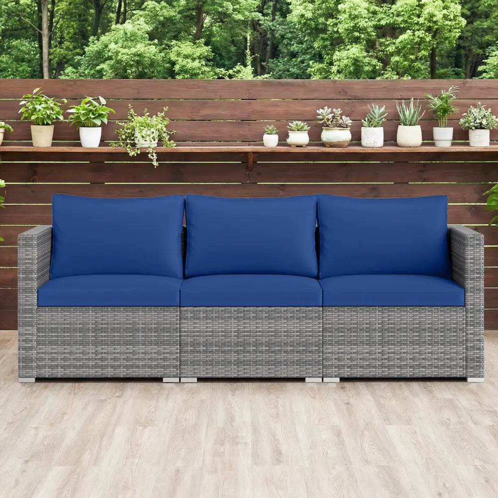 3 Pieces Patio Sectional Sofa Set PE Rattan Modular Couch Furniture Set with Soft Cushions-Navy - Navy - Outdoor