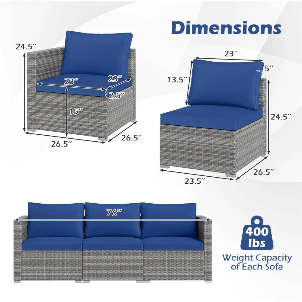 3 Pieces Patio Sectional Sofa Set PE Rattan Modular Couch Furniture Set with Soft Cushions-Navy - Navy - Outdoor