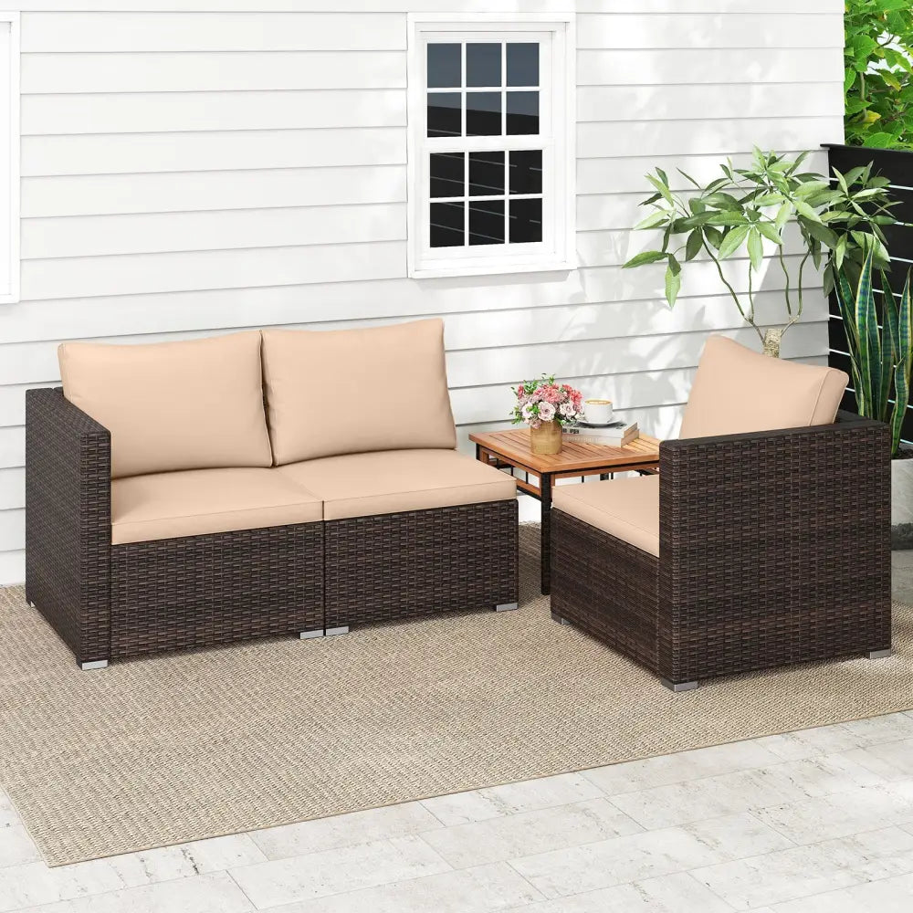 3 Pieces Patio Sectional Sofa Set with Soft Cushions-Beige - Beige - Outdoor Sectionals