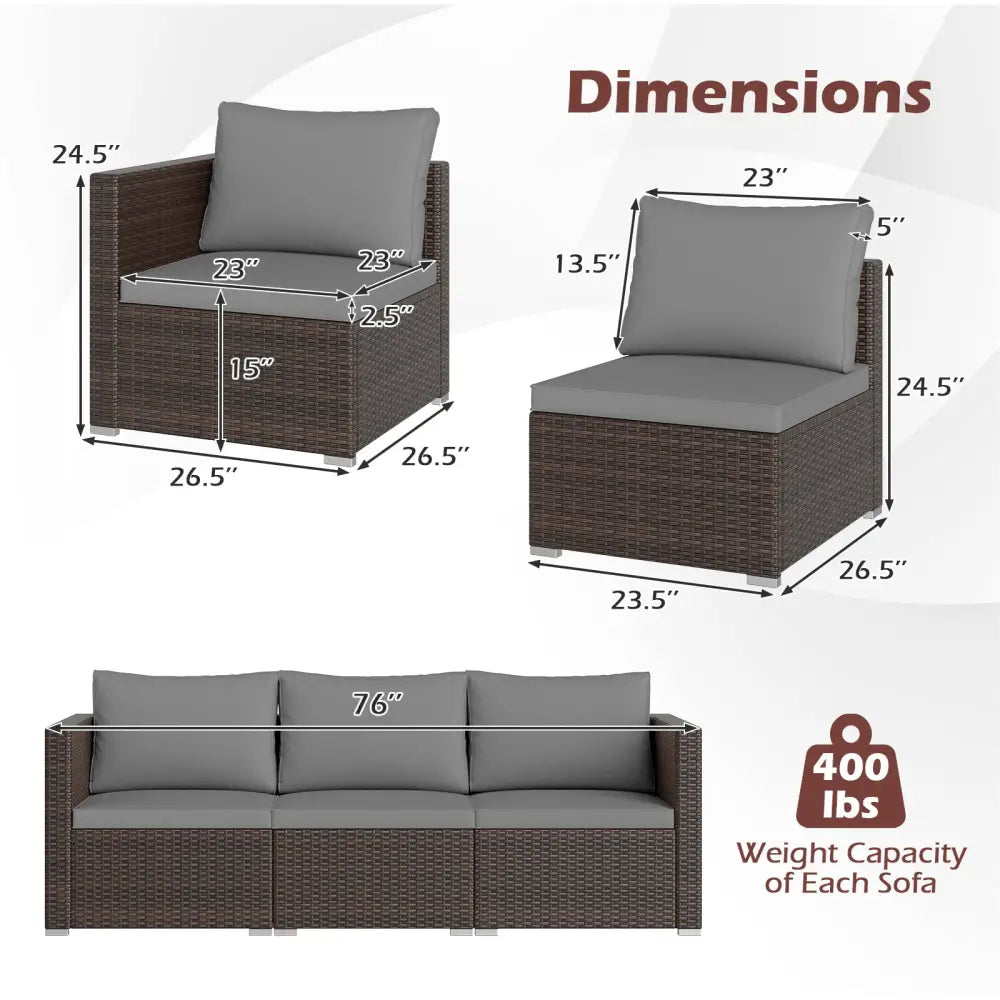 3 Pieces Patio Sectional Sofa Set with Soft Cushions-Gray - Gray - Outdoor Sectionals