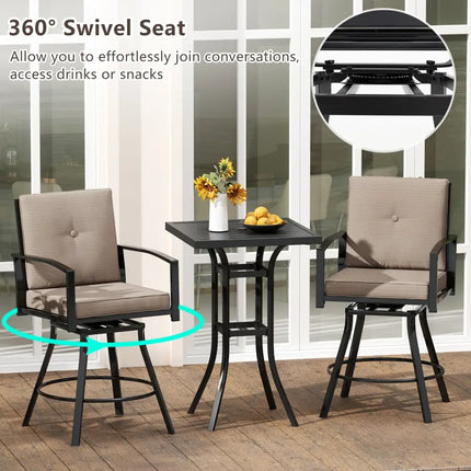 3 Pieces Patio Swivel Bar Set with Soft Cushions and Umbrella Hole-Brown - Brown - Patio Bar Furniture