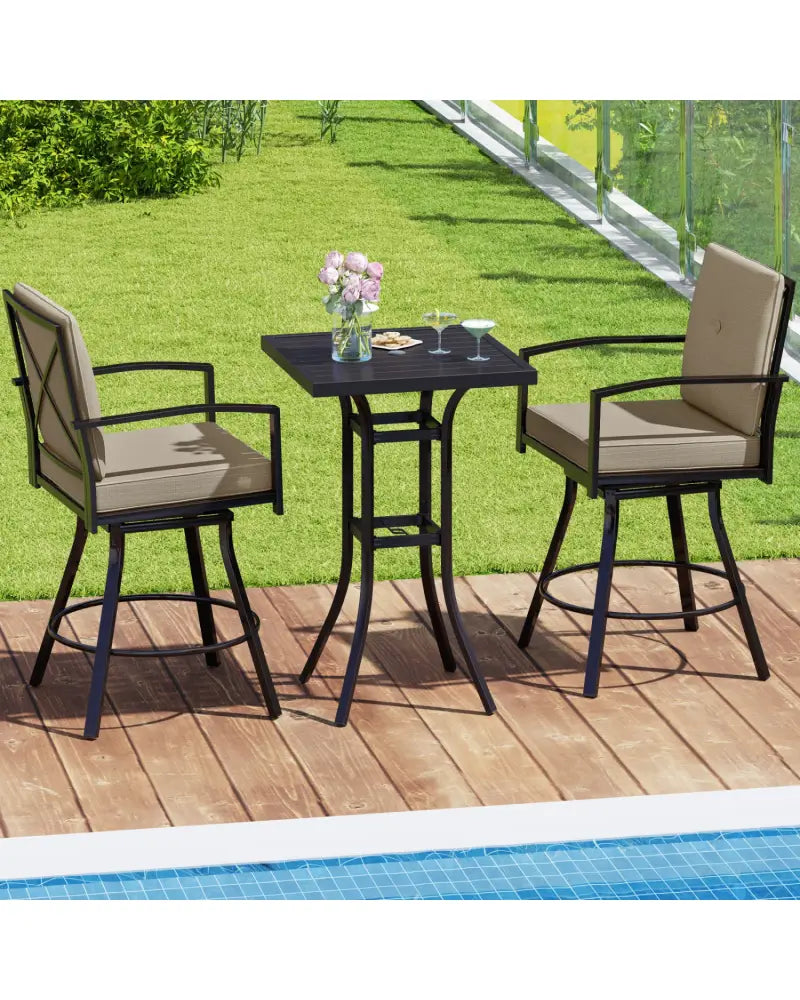 3 Pieces Patio Swivel Bar Set with Soft Cushions and Umbrella Hole-Brown - Brown - Patio Bar Furniture