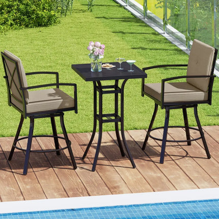 3 Pieces Patio Swivel Bar Set with Soft Cushions and Umbrella Hole-Brown - Brown - Patio Bar Furniture