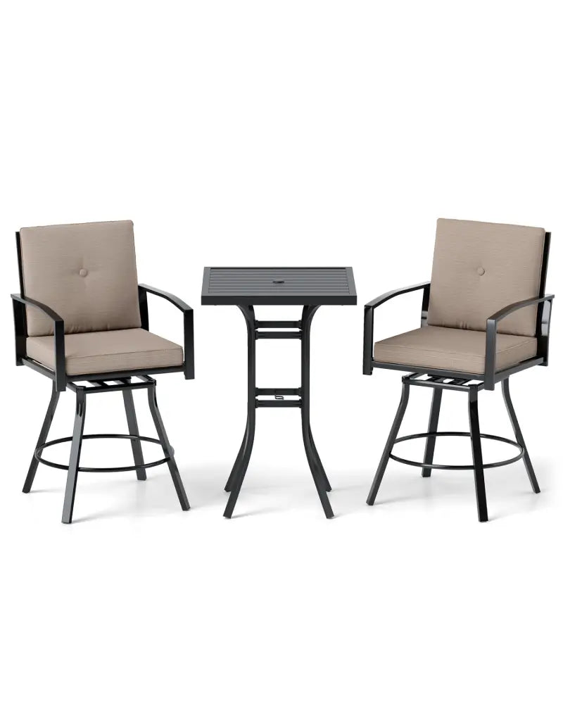 3 Pieces Patio Swivel Bar Set with Soft Cushions and Umbrella Hole-Brown - Brown - Patio Bar Furniture