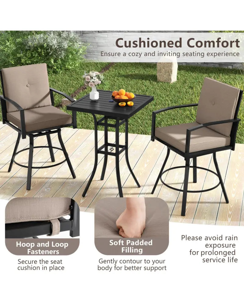 3 Pieces Patio Swivel Bar Set with Soft Cushions and Umbrella Hole-Brown - Brown - Patio Bar Furniture