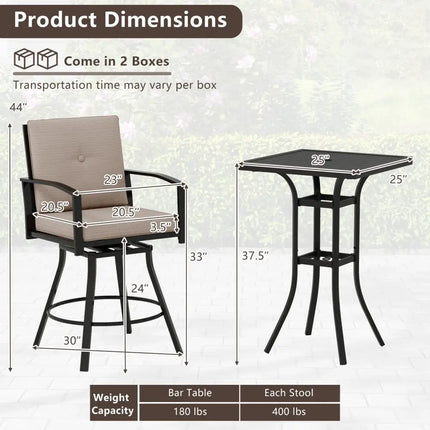 3 Pieces Patio Swivel Bar Set with Soft Cushions and Umbrella Hole-Brown - Brown - Patio Bar Furniture