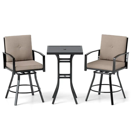 3 Pieces Patio Swivel Bar Set with Soft Cushions and Umbrella Hole-Brown - Brown - Patio Bar Furniture