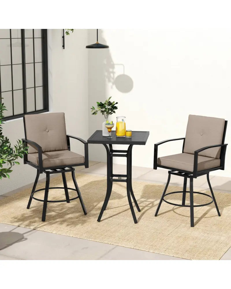 3 Pieces Patio Swivel Bar Set with Soft Cushions and Umbrella Hole-Brown - Brown - Patio Bar Furniture