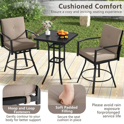 3 Pieces Patio Swivel Bar Set with Soft Cushions and Umbrella Hole-Brown - Brown - Patio Bar Furniture