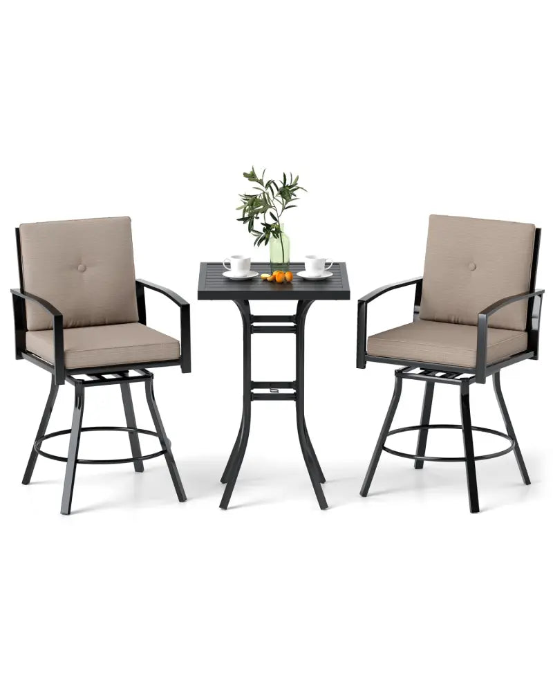 3 Pieces Patio Swivel Bar Set with Soft Cushions and Umbrella Hole-Brown - Brown - Patio Bar Furniture